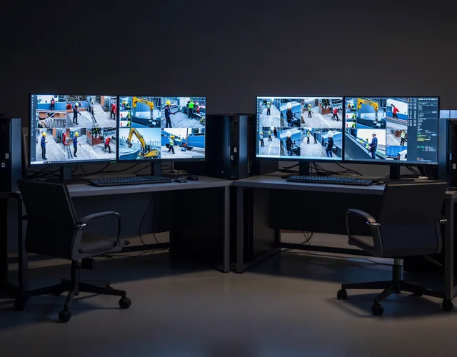 Industrial operations center with multiple screens showing blueprints