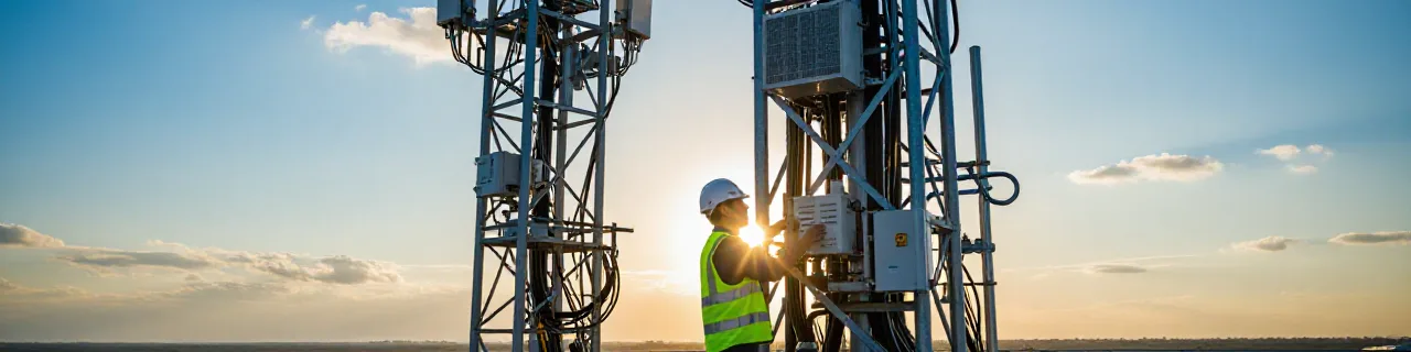 Technician in hi-vis gear on telecomm equipment array at sunrise