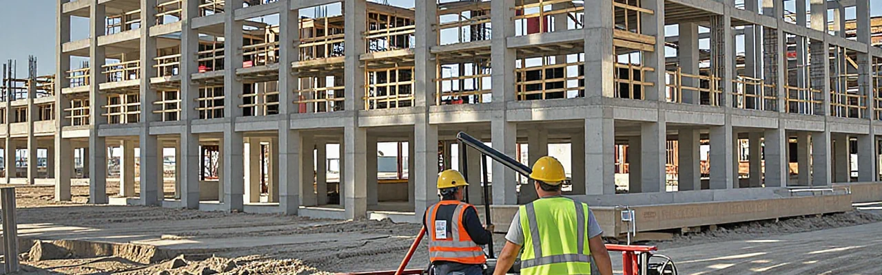Commercial development site with steel framework and heavy machinery