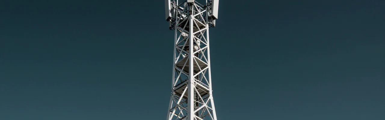 Telecommunications tower with complex antenna arrays at twilight