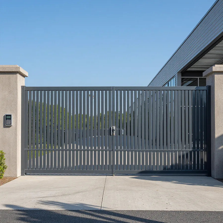 Automated heavy-duty sliding metal gate with concrete pillars