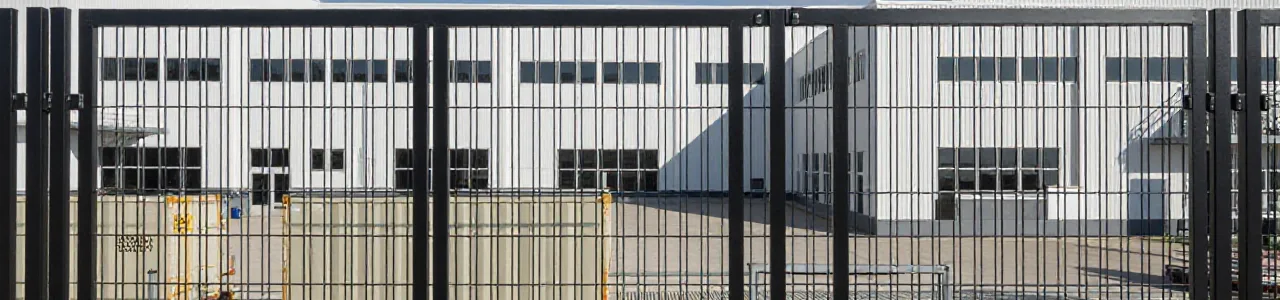 Industrial perimeter fence protecting logistics hub with geometric shadows