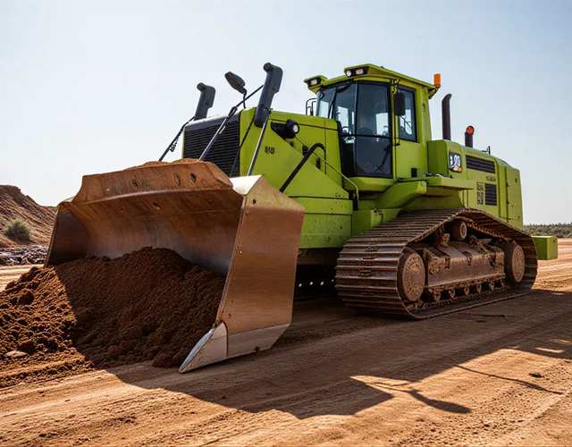 Hydraulic grading blade leveling soil, extreme close-up