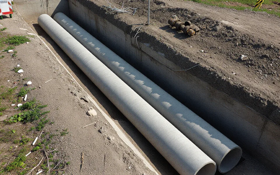 Aerial view of concrete storm drainage pipes in engineered trench